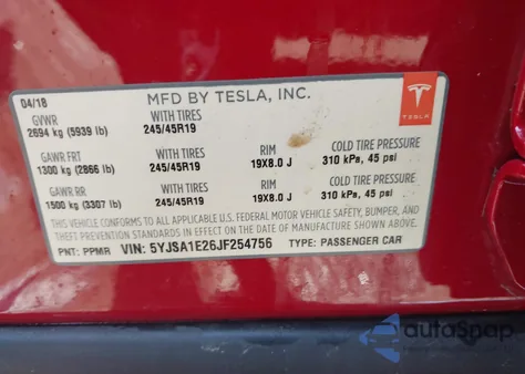 2018 Tesla Model S 100D/75D/P100D из США, поврежденный, VIN 5YJSA1E26JF254756